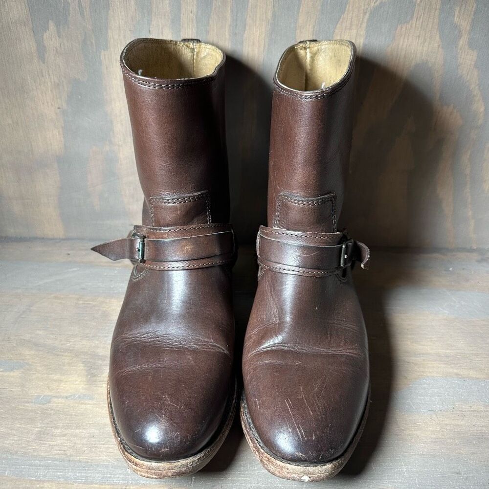 Frye Womens 5.5 Motorcycle Boots Brown Leather Straps Metal Harness Mid Calf - Picture 4 of 12